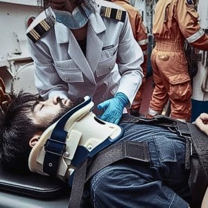 Crew member with neckbrace on, receiving medical care onboard a commercial ship